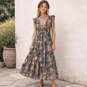 Anthropologie XS Boho Tile Print Maxi Dress